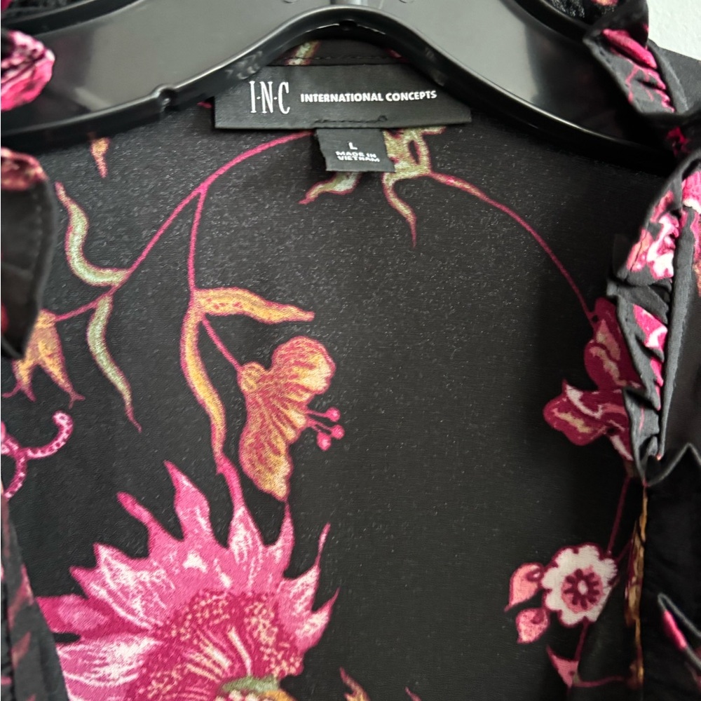 INC International Concepts Black and Pink Floral Top